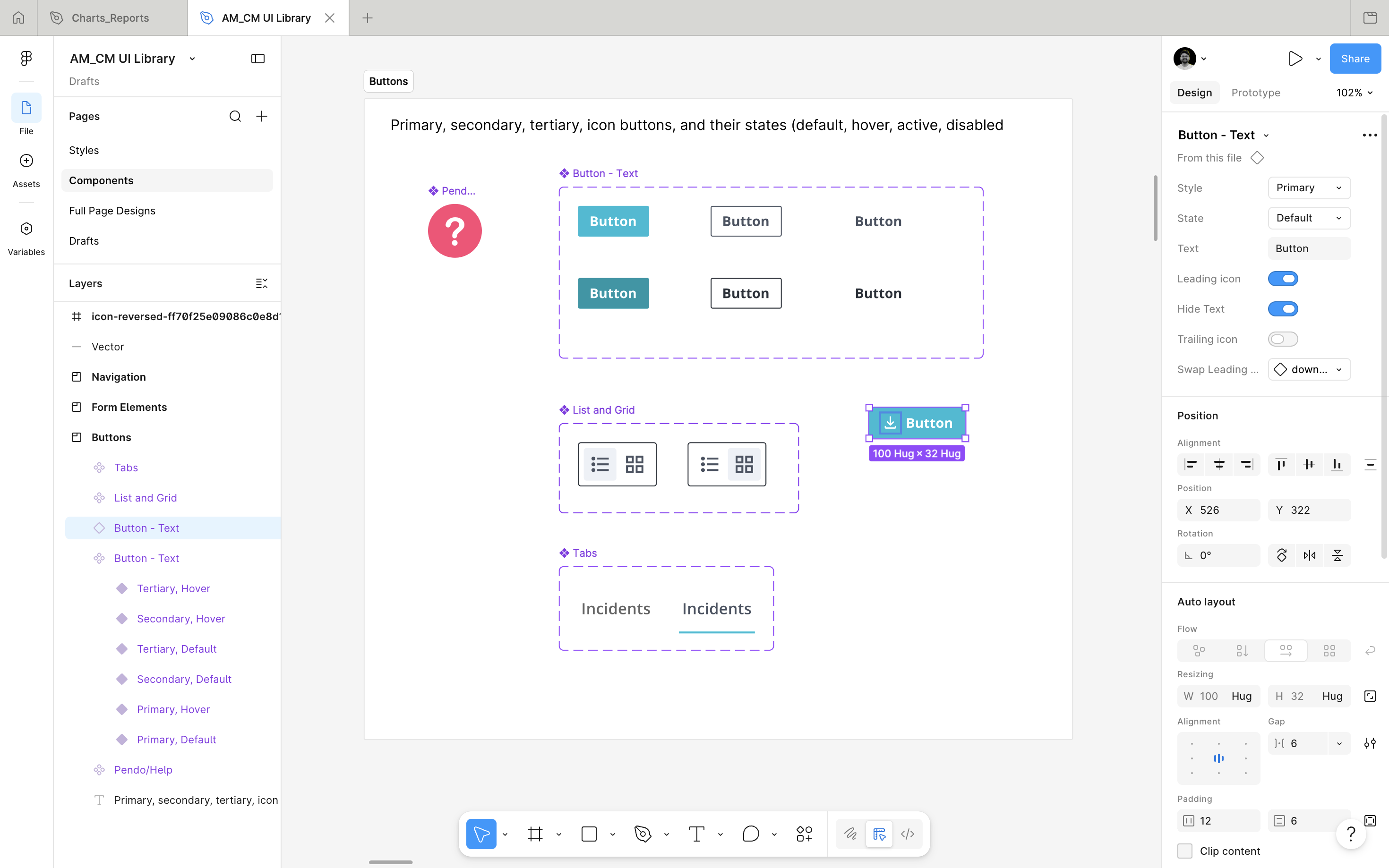 Button component showing all states — default, hover, active, disabled