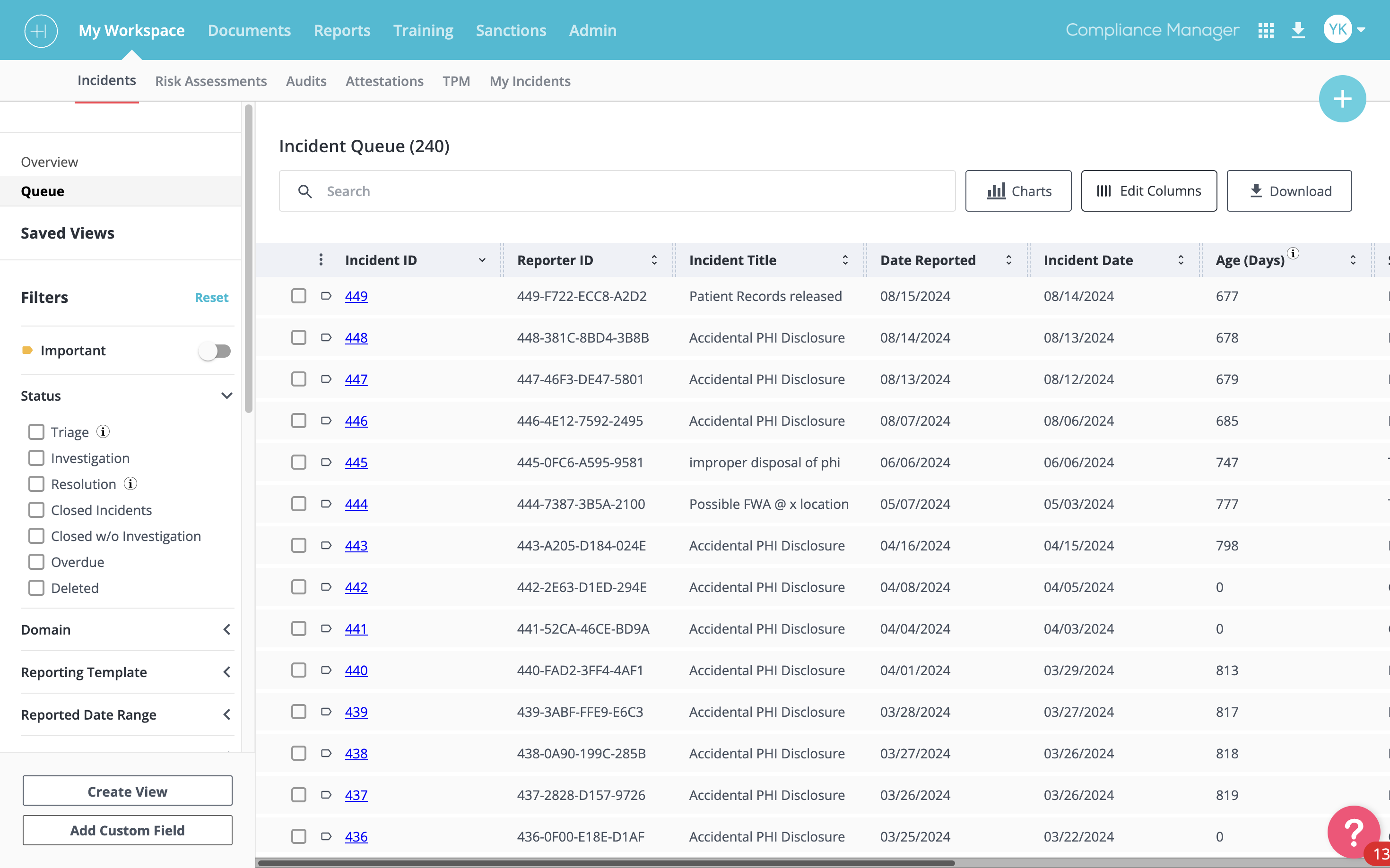Left-side filter panel — persistent and visible without obscuring table content