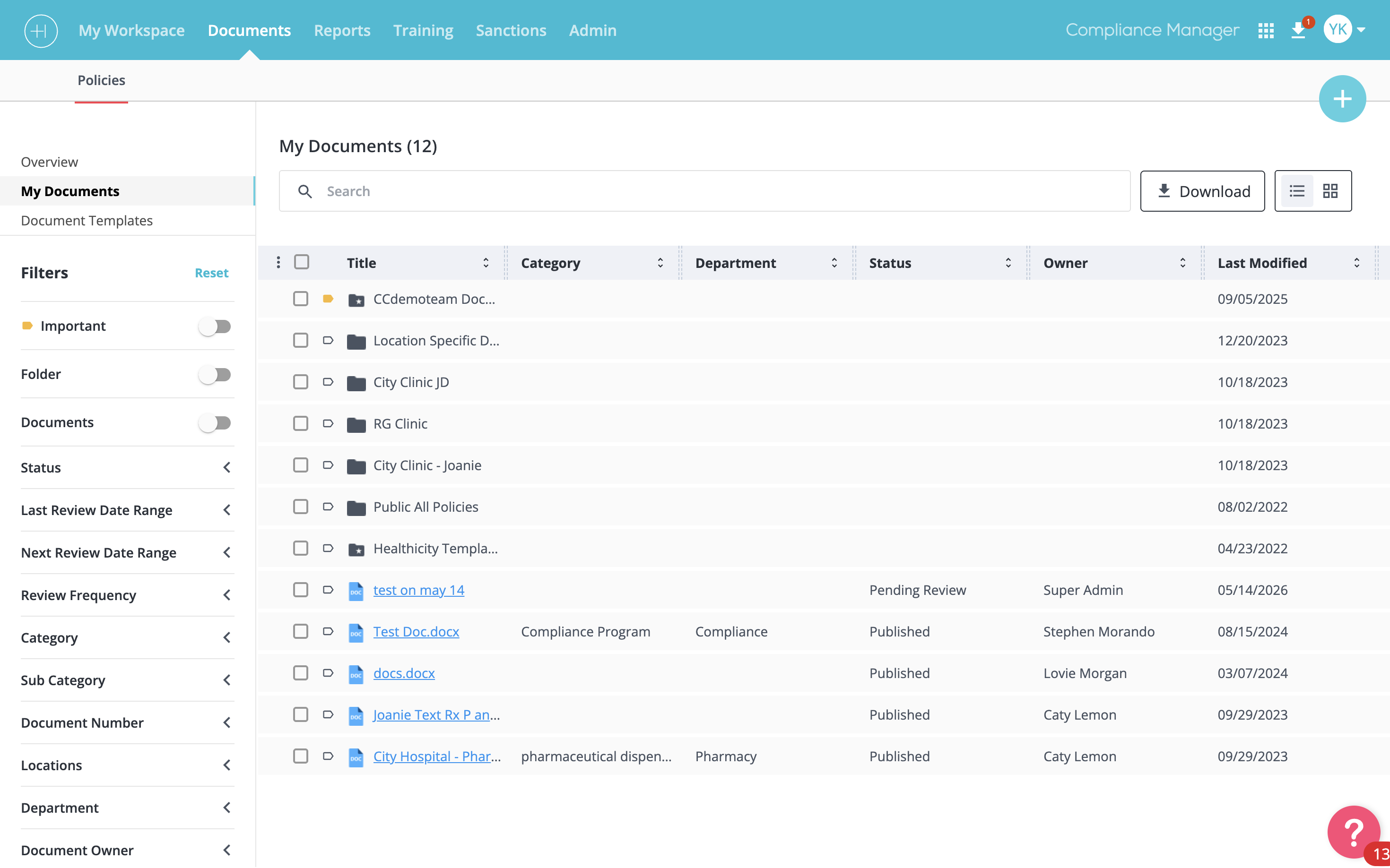 Documents list view for bulk management
