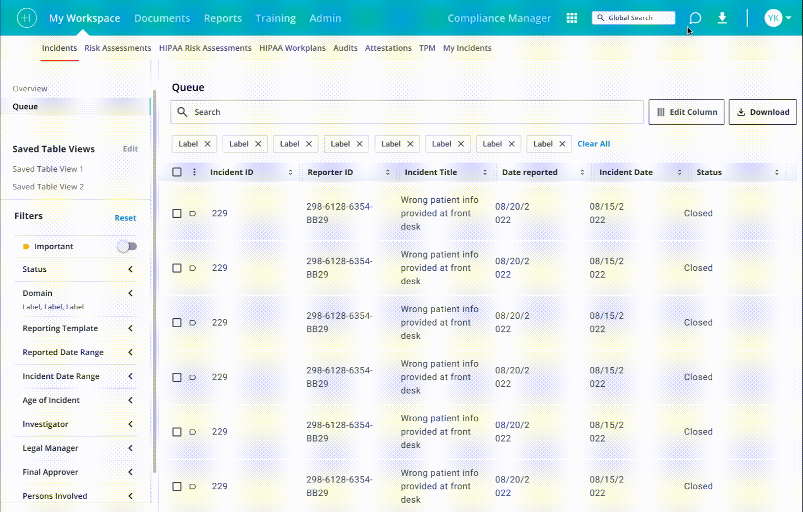 Compliance Manager AI assistant — natural language queries return conversational answers and filtered data links