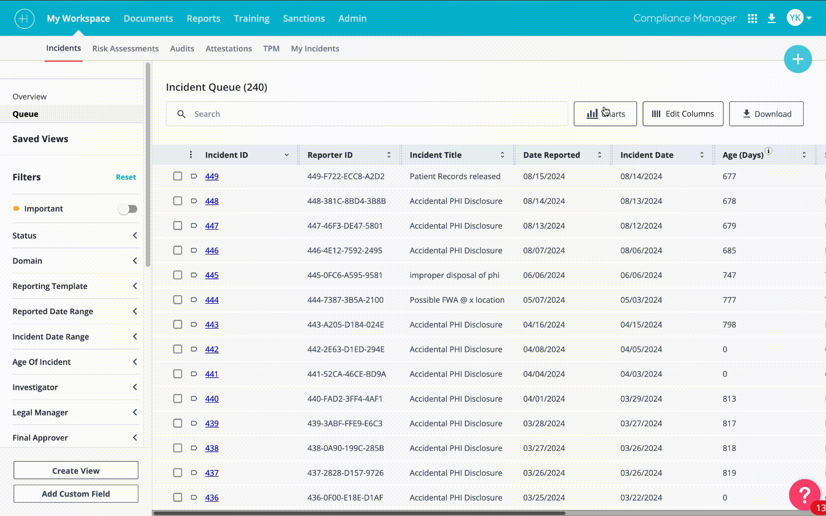 Reports module with multi-chart layout, custom color palettes, and export formats
