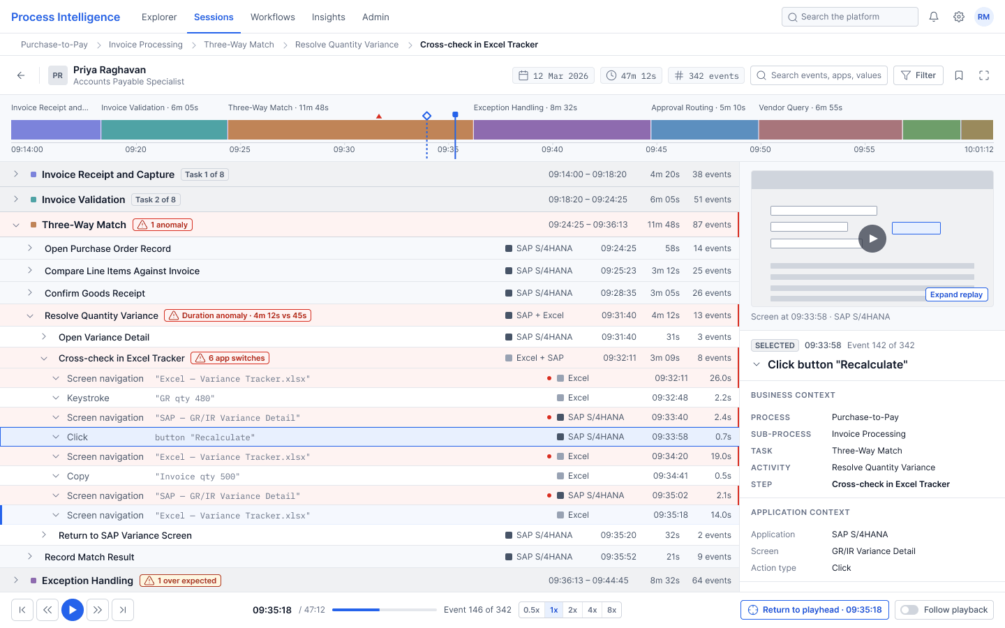 Redesigned Participant Clickstream with an event selected and playback paused.